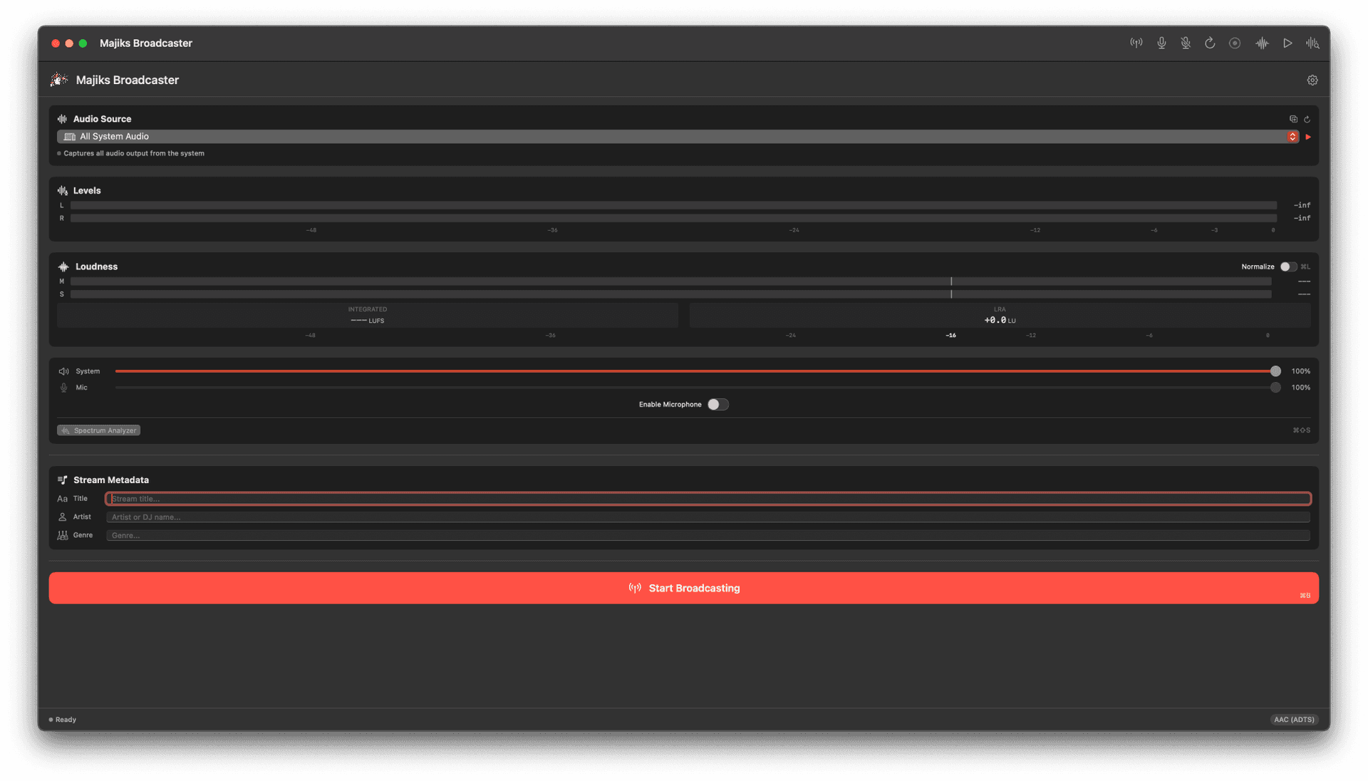 Broadcaster main interface with level meters and metadata