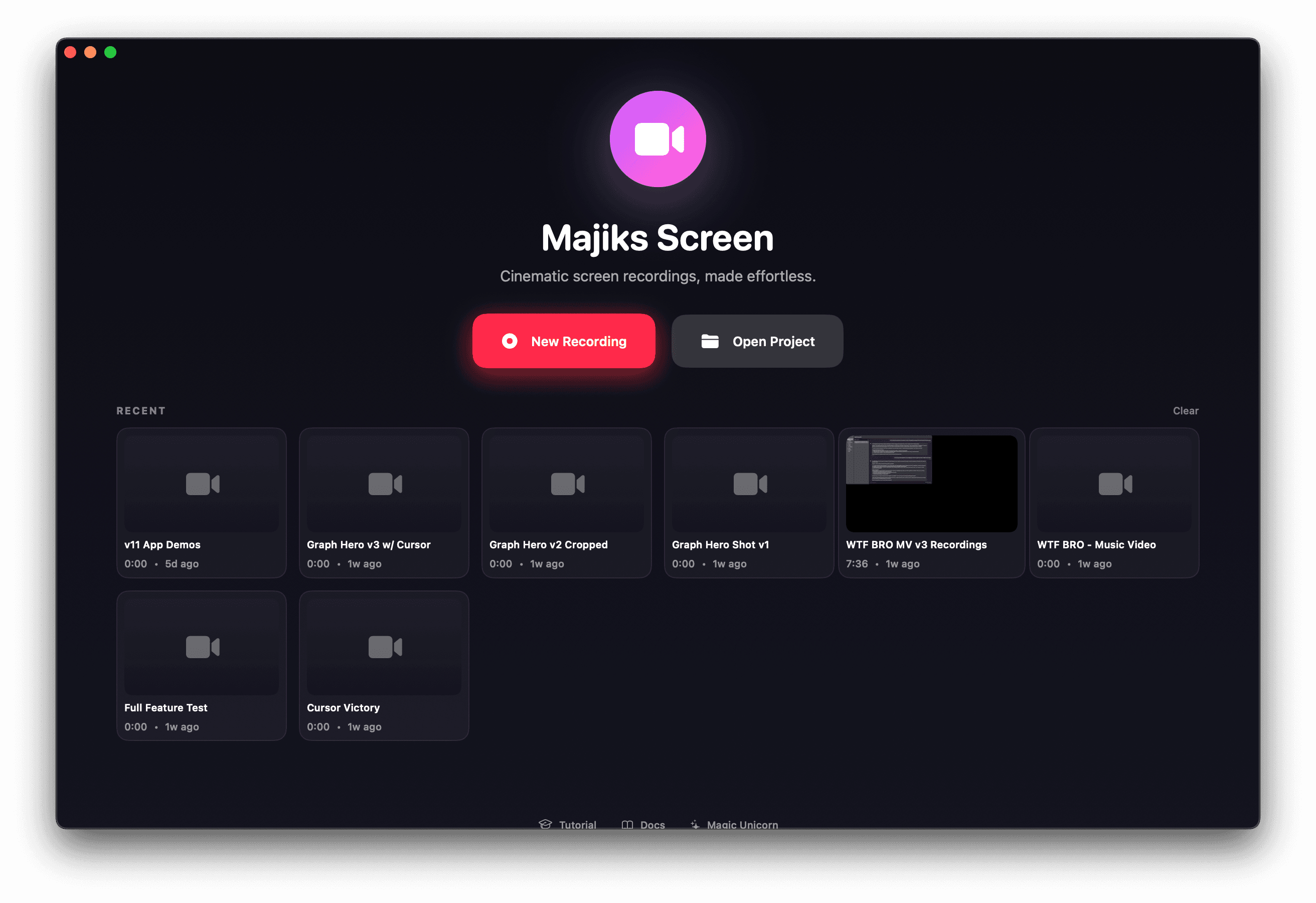 Majiks Screen — Welcome screen with recent projects