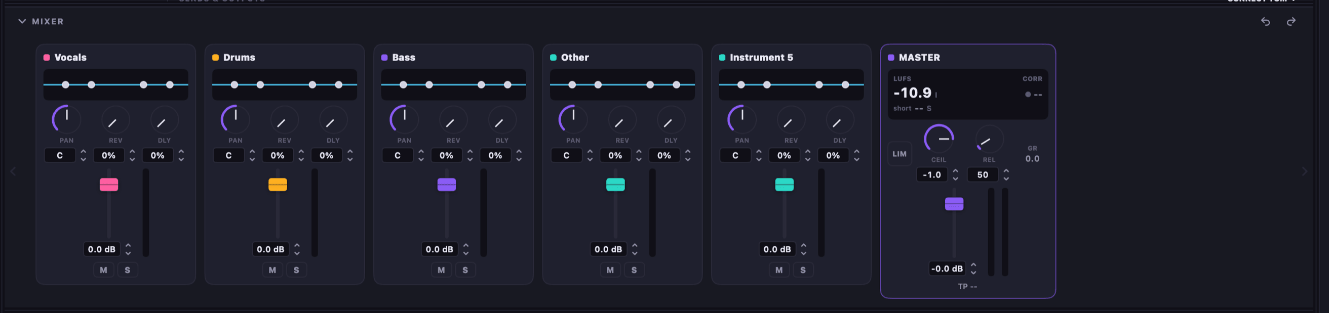 Mixer strips for Vocals, Drums, Bass, Other and Instrument 5 with pan, reverb and delay sends, faders, mute and solo, next to a master strip reading LUFS with a limiter