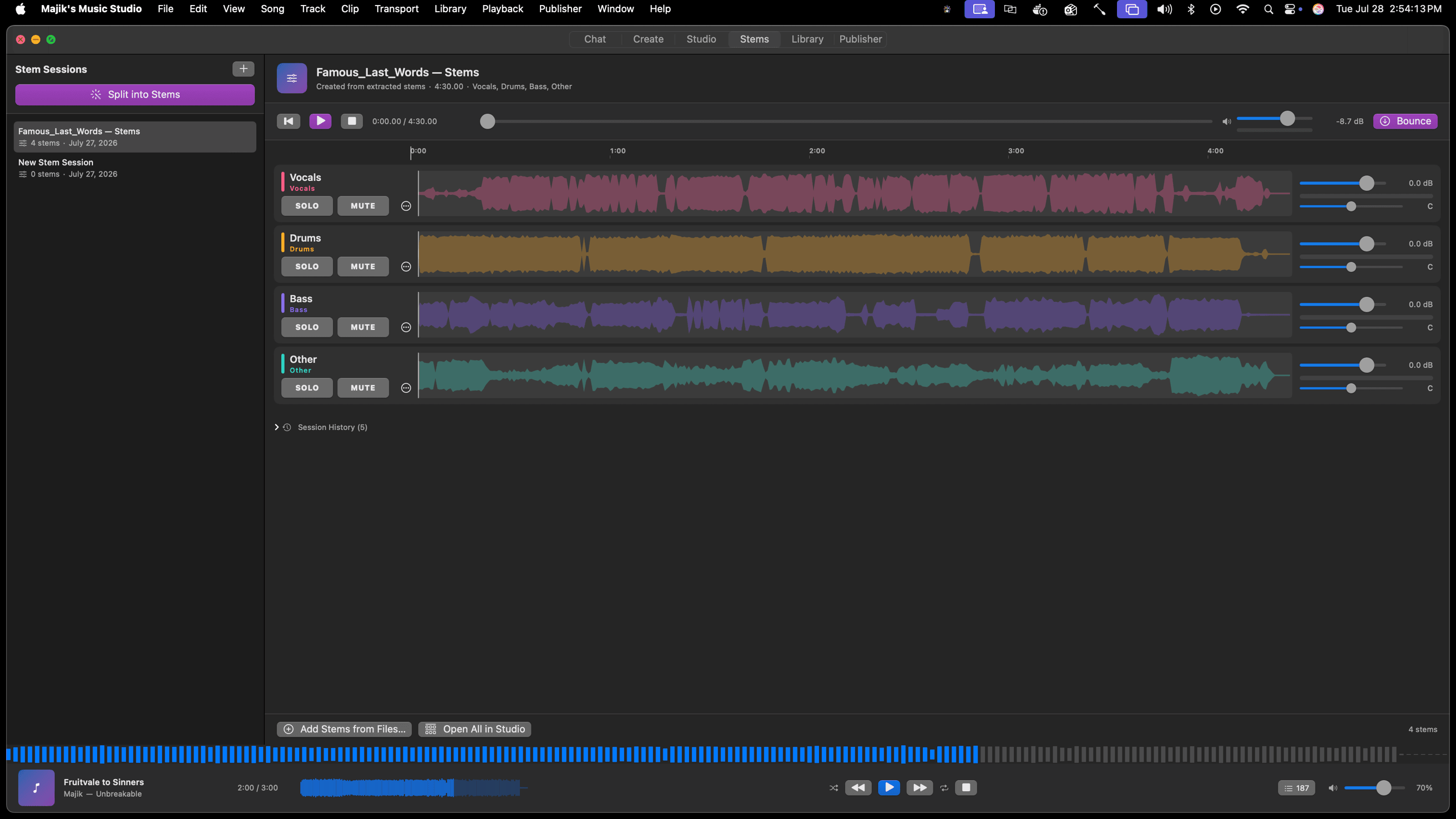 Stems view: one song split into Vocals, Drums, Bass and Other, each lane drawing its own distinct waveform with solo, mute, level and pan controls
