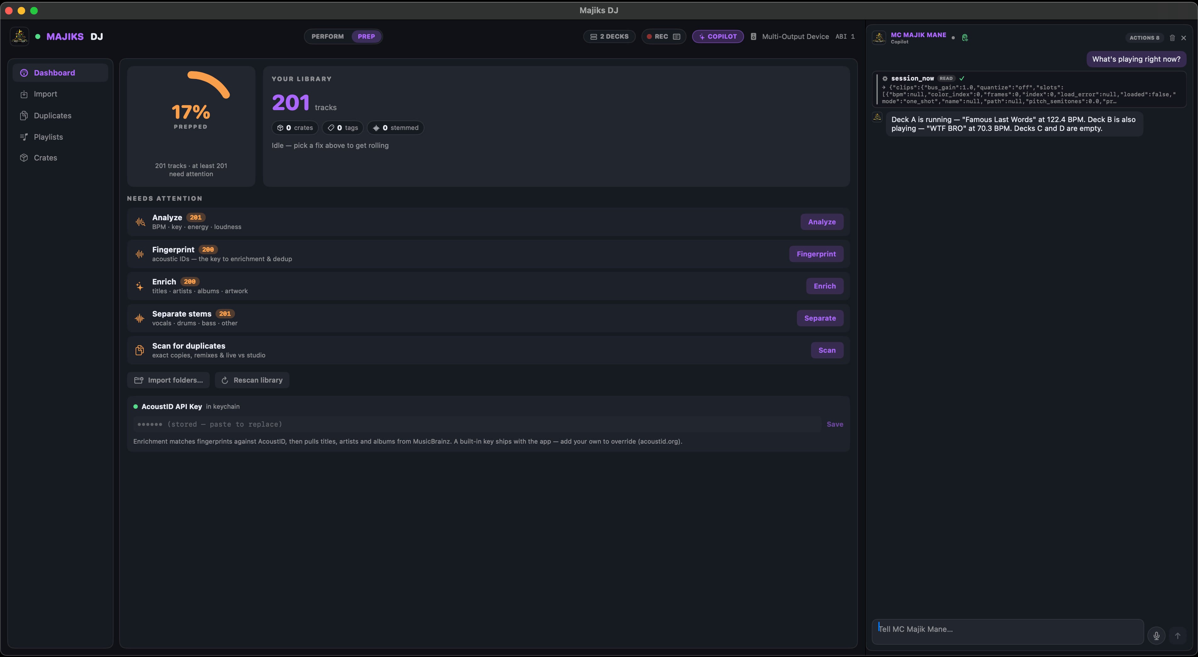 Majiks DJ Prep view: library readiness ring, analyze / fingerprint / enrich / stem-separation jobs, duplicate scan and playlists
