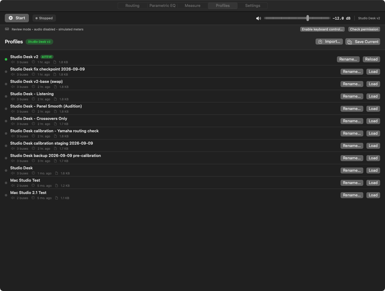 Profiles tab listing saved setups, with the active profile and its buses