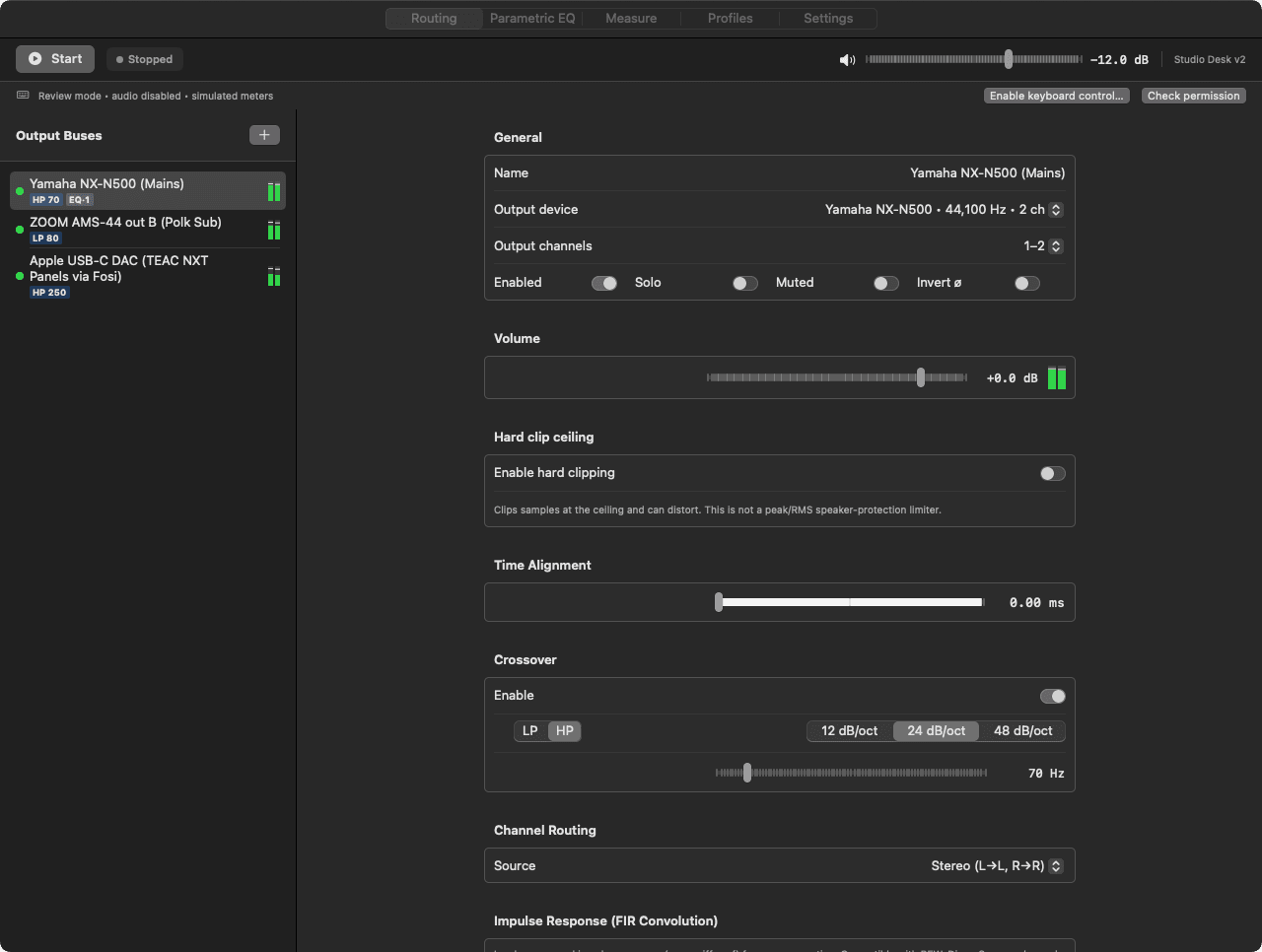 Routing tab: output device, channel offset, enable / solo / mute / polarity toggles, volume, hard-clip ceiling, time alignment, crossover and channel routing for one bus